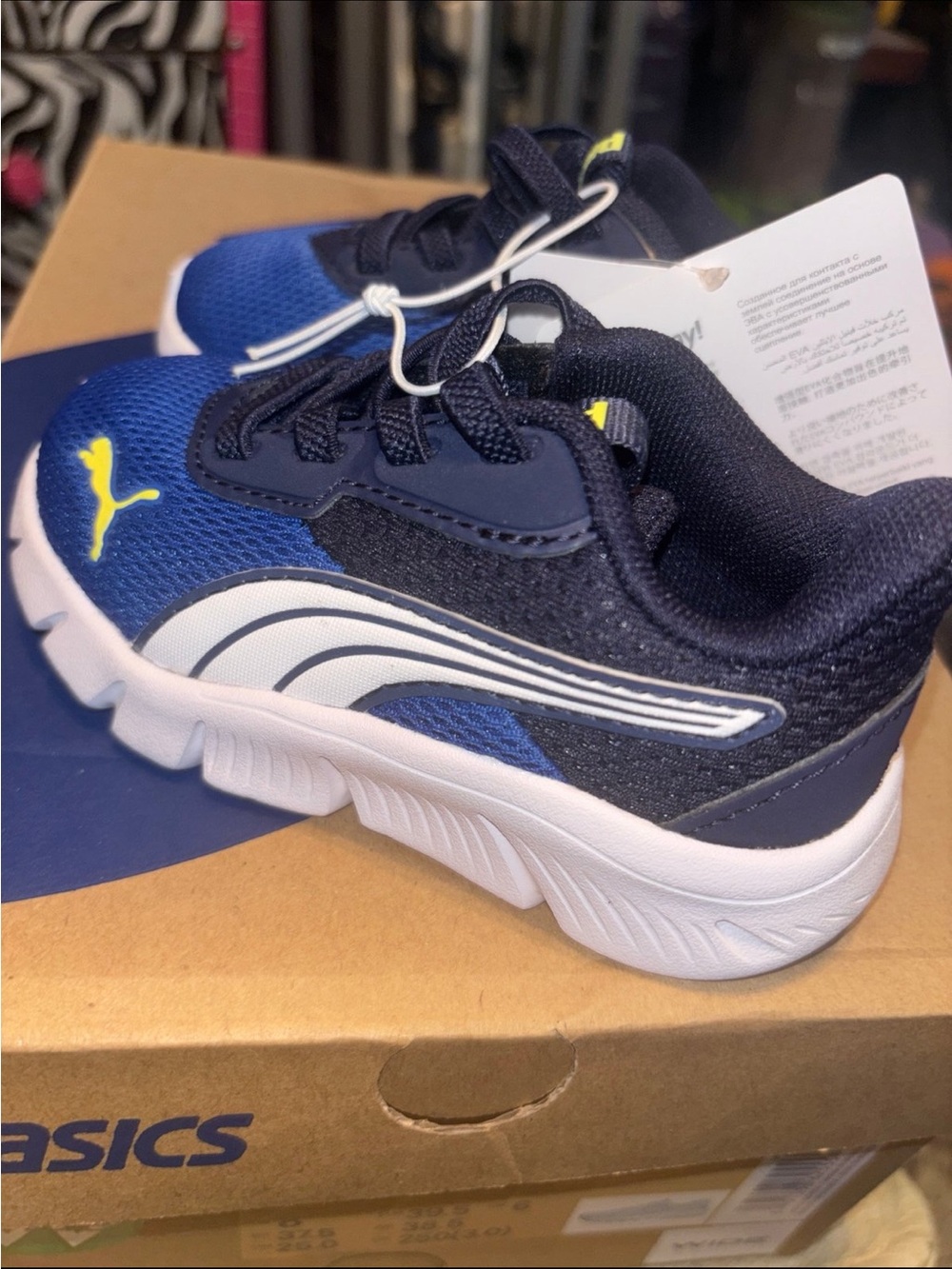 Puma Kids Navy and Blue Sneakers with Yellow Logo